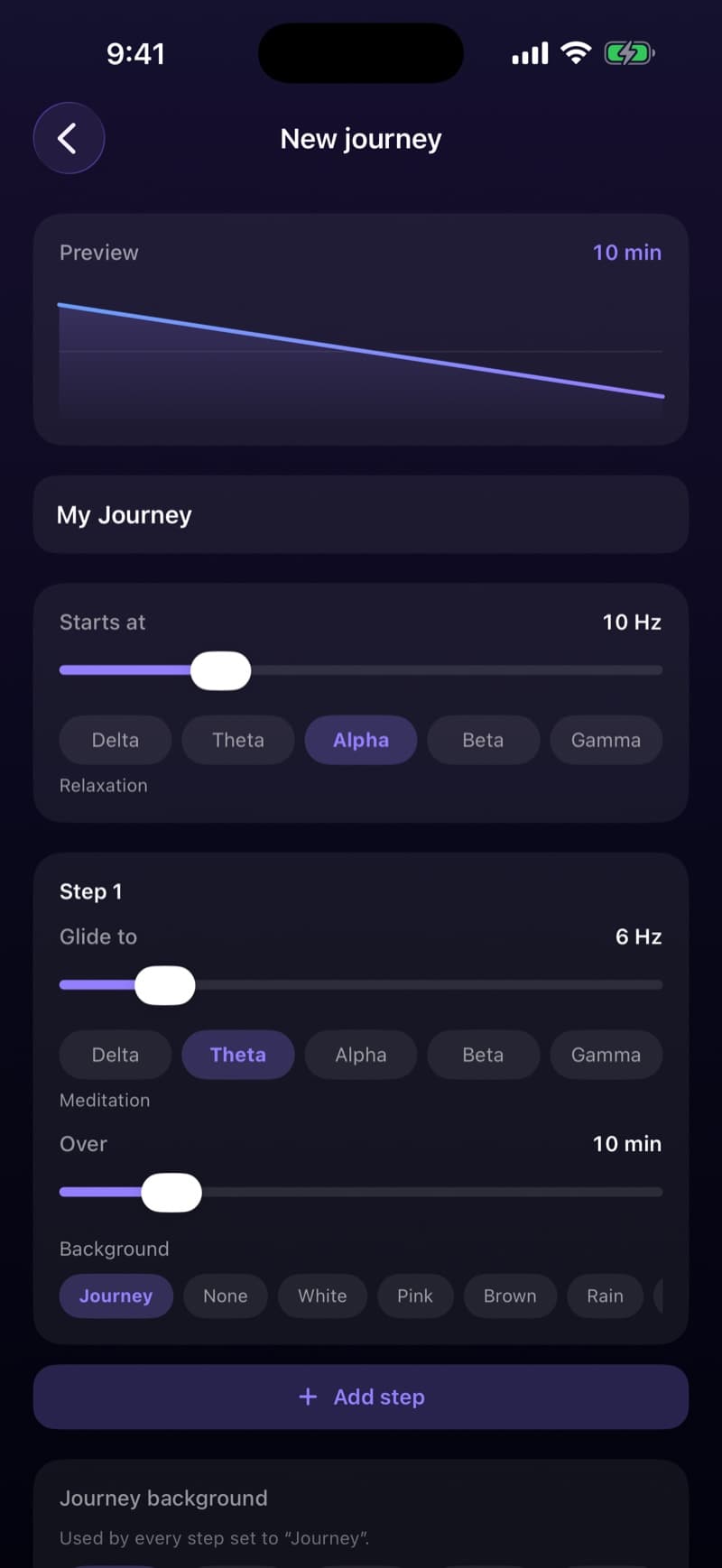 The journey builder, showing a starting frequency of 10 hertz in alpha and a first step gliding to 6 hertz in theta over ten minutes, with background scene options.