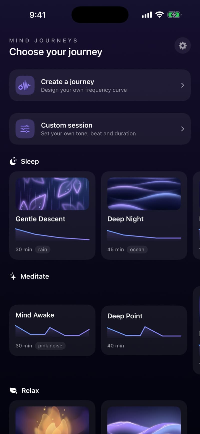 The app's home screen, listing journeys grouped by sleep, meditate and relax, each card showing its frequency curve, length and ambience.